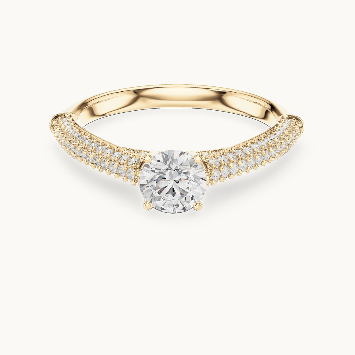 Round lab-grown diamond tapered pavé engagement ring in yellow gold, 1.07 CT TW, view 4