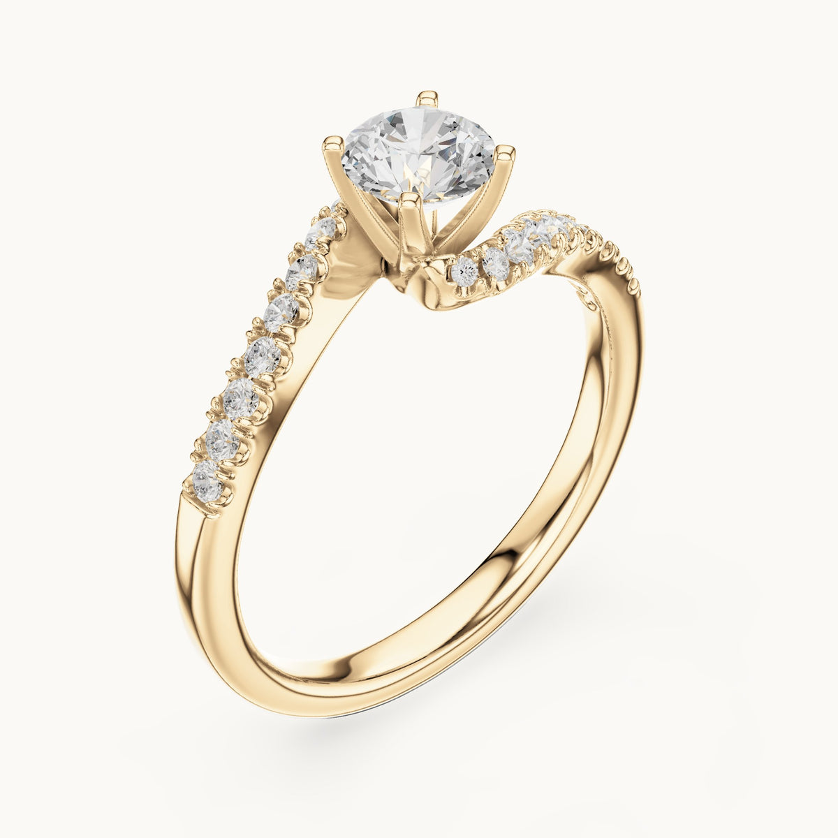 Round lab-grown diamond twisted pavé engagement ring in yellow gold, 0.84 CT TW, view 2