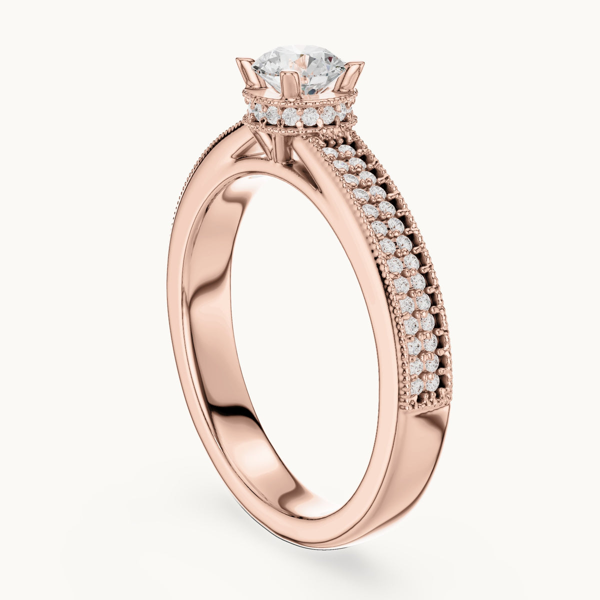 Round lab-grown diamond halo engagement ring with channel set band in rose gold, 0.76 CT TW, view 1