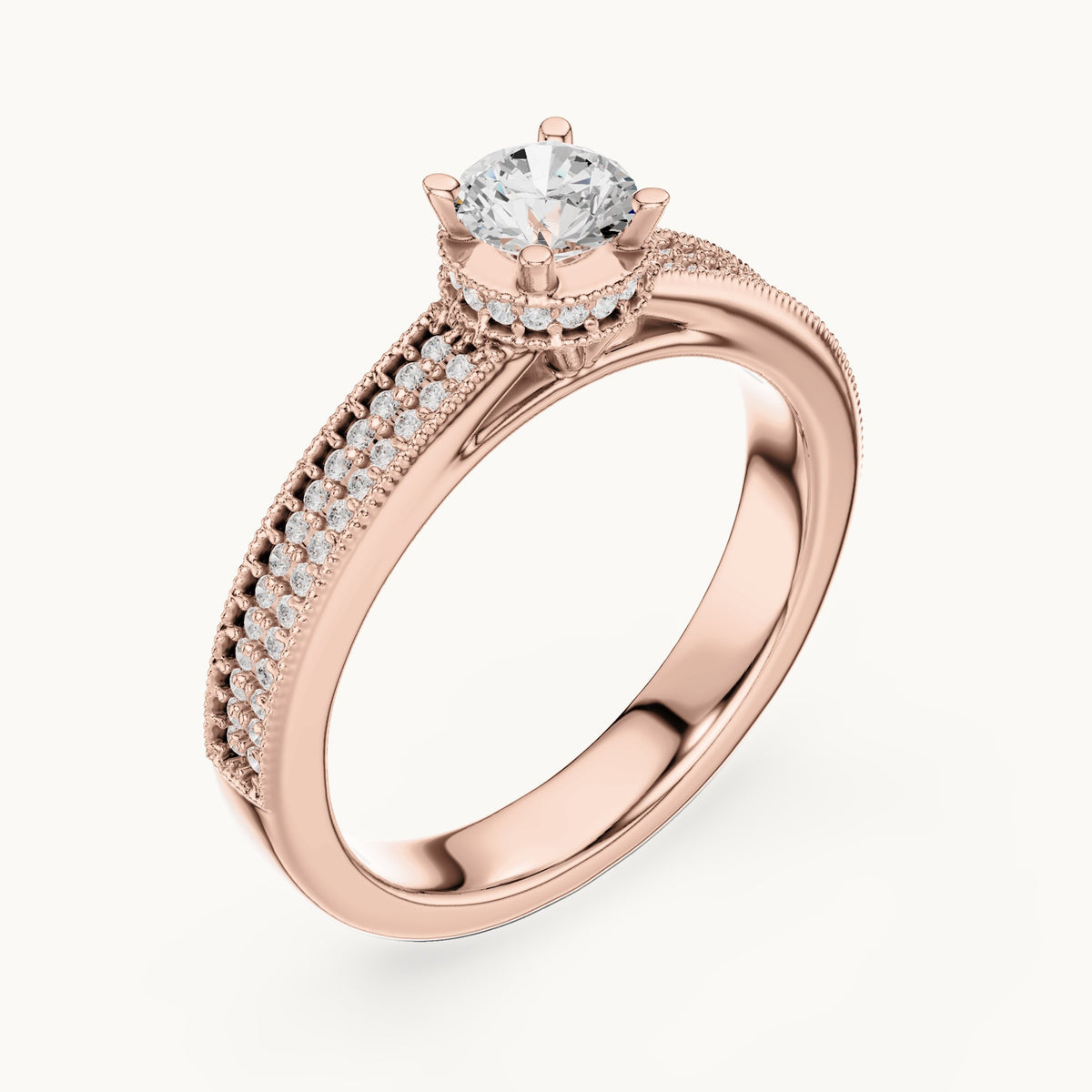 Round lab-grown diamond halo engagement ring with channel set band in rose gold, 0.76 CT TW, view 2