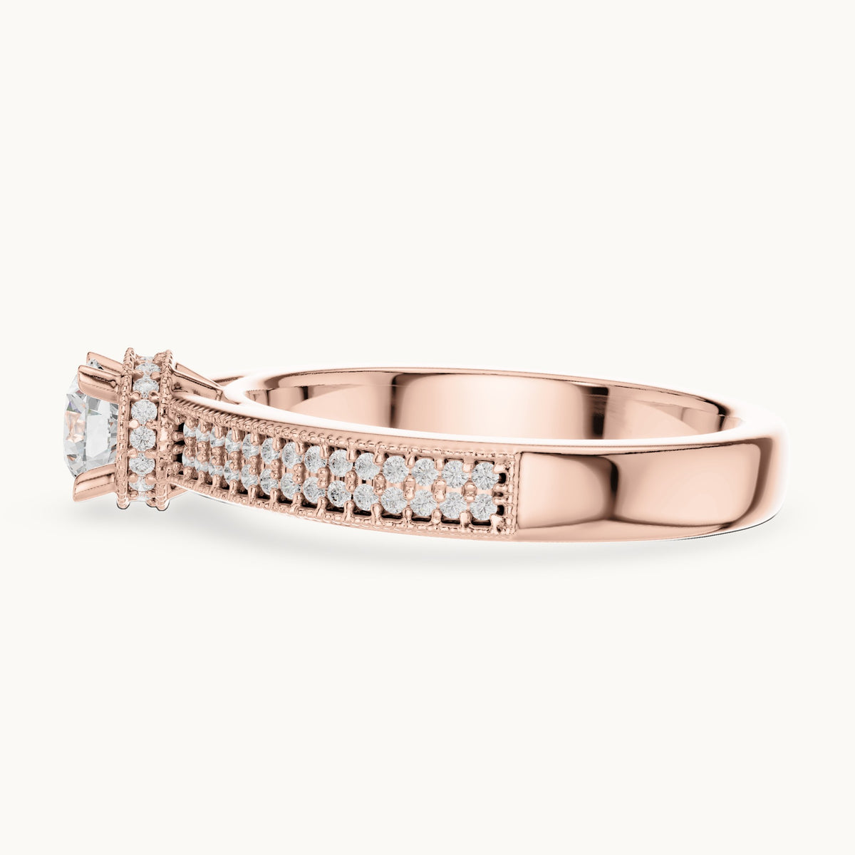 Round lab-grown diamond halo engagement ring with channel set band in rose gold, 0.76 CT TW, view 3