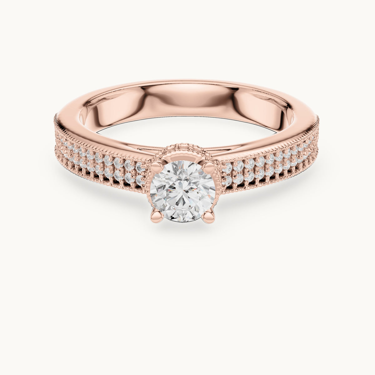 Round lab-grown diamond halo engagement ring with channel set band in rose gold, 0.76 CT TW, view 4