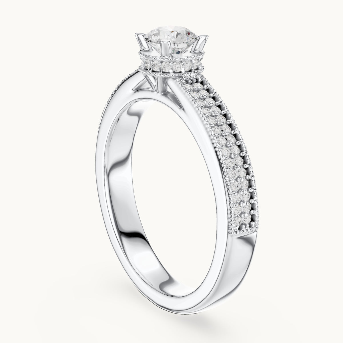 Round lab-grown diamond halo engagement ring with channel set band in white gold, 0.76 CT TW, view 1