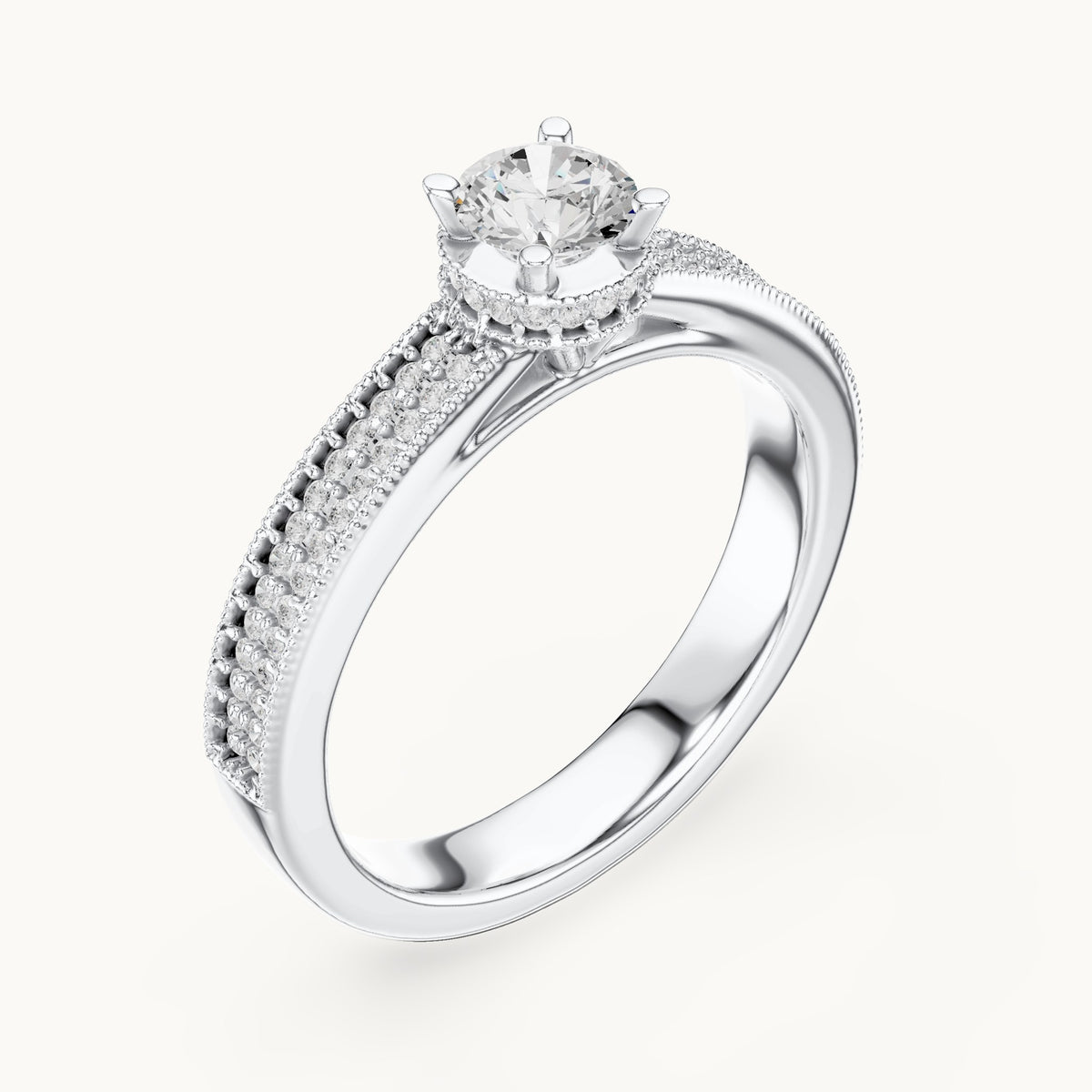 Round lab-grown diamond halo engagement ring with channel set band in white gold, 0.76 CT TW, view 2