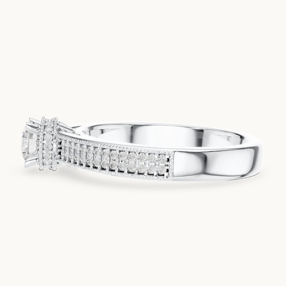 Round lab-grown diamond halo engagement ring with channel set band in white gold, 0.76 CT TW, view 3