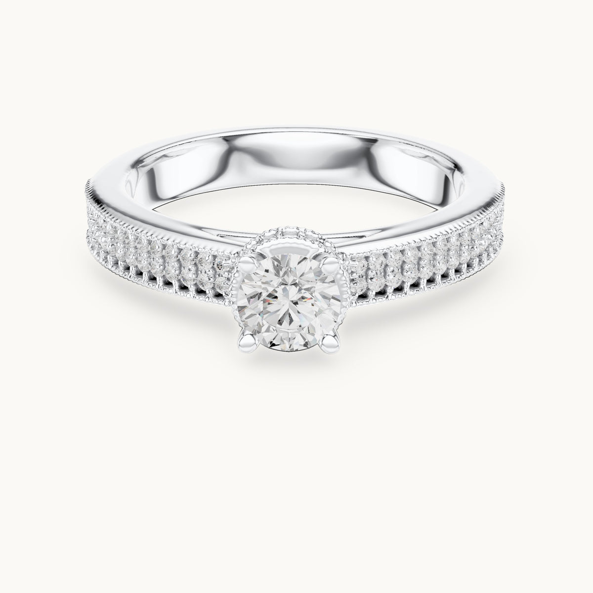 Round lab-grown diamond halo engagement ring with channel set band in white gold, 0.76 CT TW, view 4