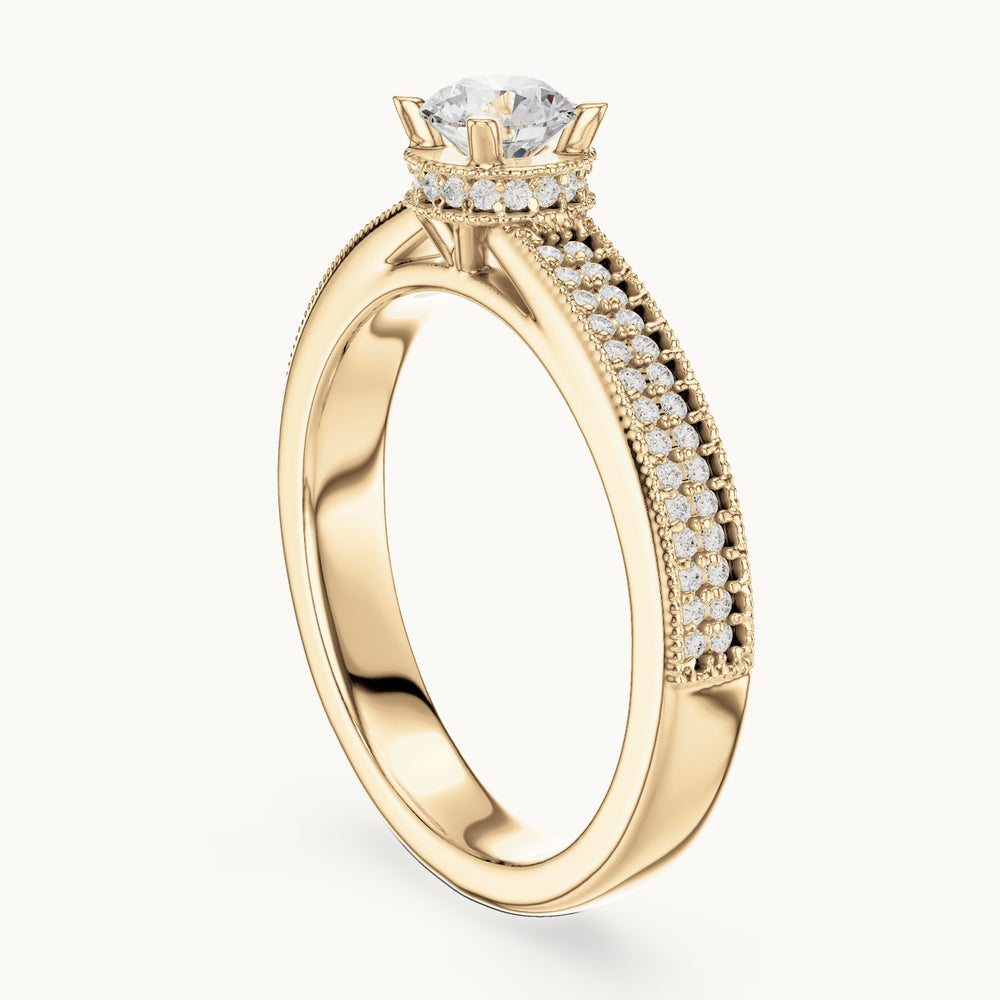 Round lab-grown diamond halo engagement ring with channel set band in yellow gold, 0.76 CT TW, view 1