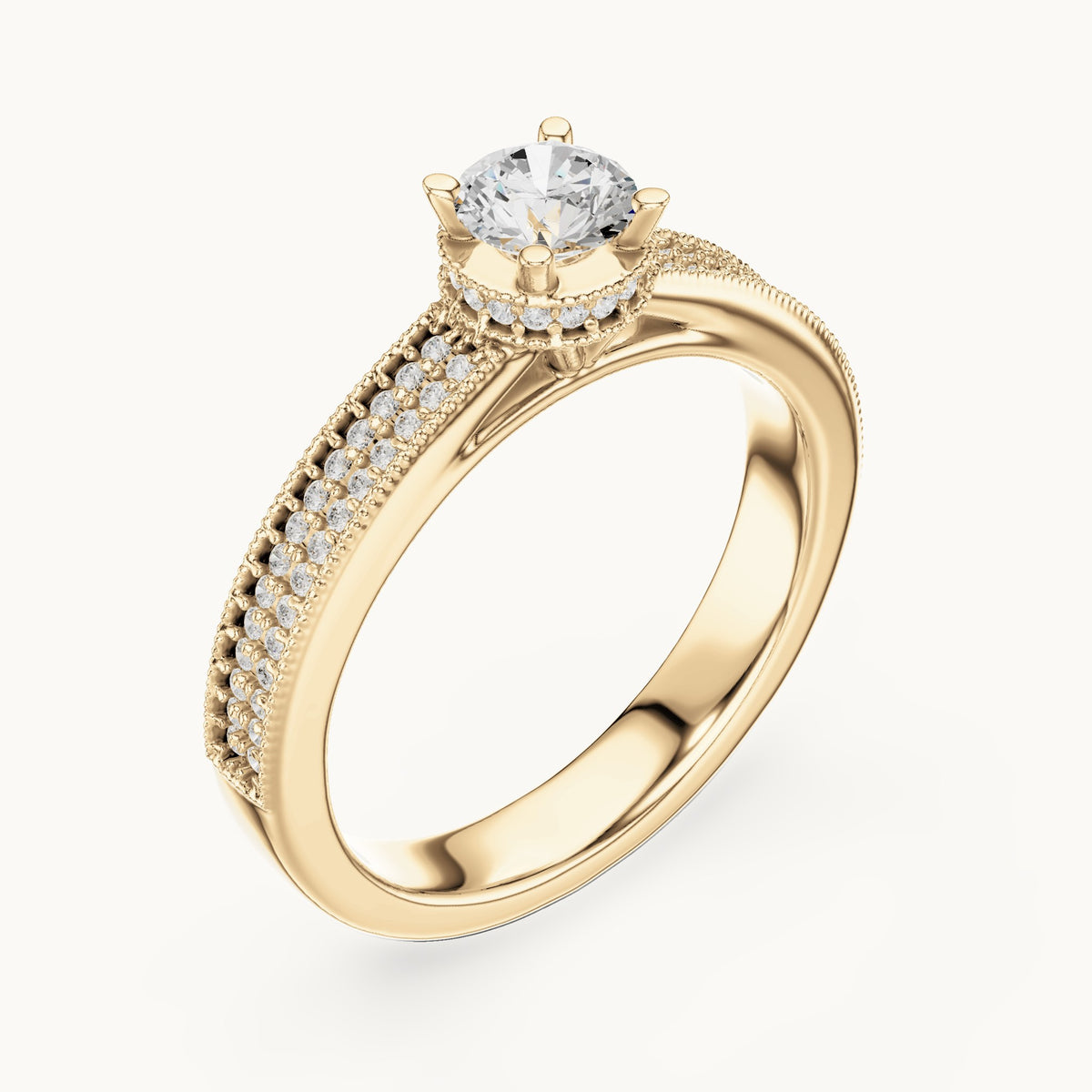 Round lab-grown diamond halo engagement ring with channel set band in yellow gold, 0.76 CT TW, view 2
