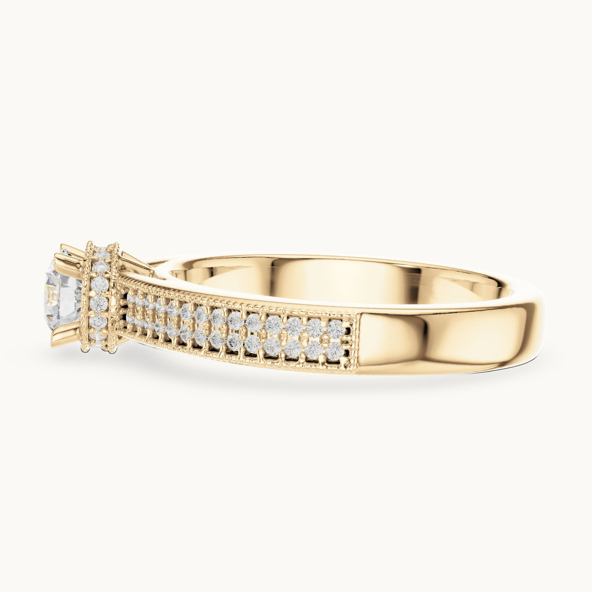 Round lab-grown diamond halo engagement ring with channel set band in yellow gold, 0.76 CT TW, view 3
