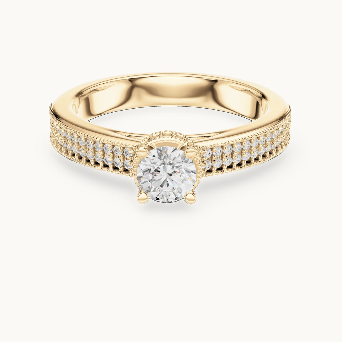 Round lab-grown diamond halo engagement ring with channel set band in yellow gold, 0.76 CT TW, view 4