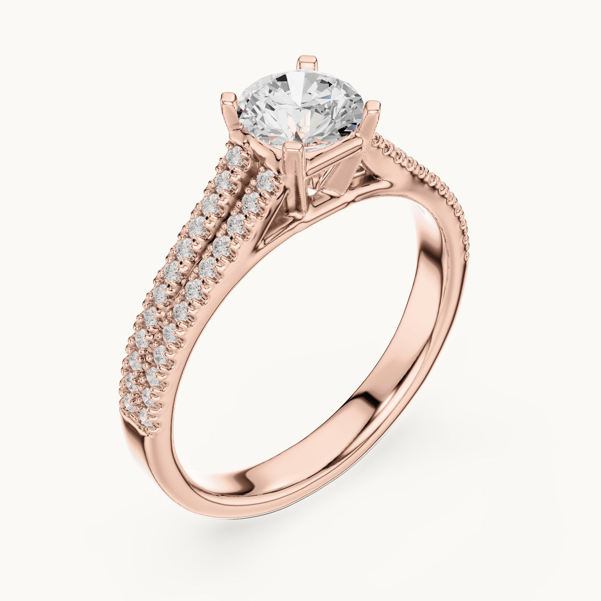 Round lab-grown diamond split shank pavé engagement ring with side stones in rose gold, 1.06 CT TW, view 2