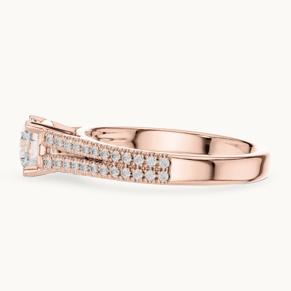 Round lab-grown diamond split shank pavé engagement ring with side stones in rose gold, 1.06 CT TW, view 3