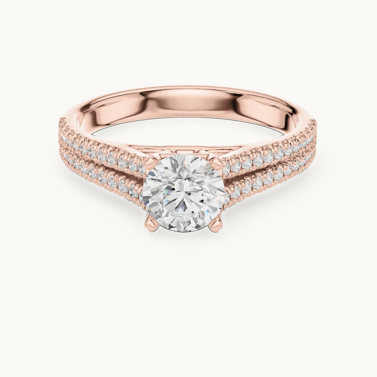 Round lab-grown diamond split shank pavé engagement ring with side stones in rose gold, 1.06 CT TW, view 4