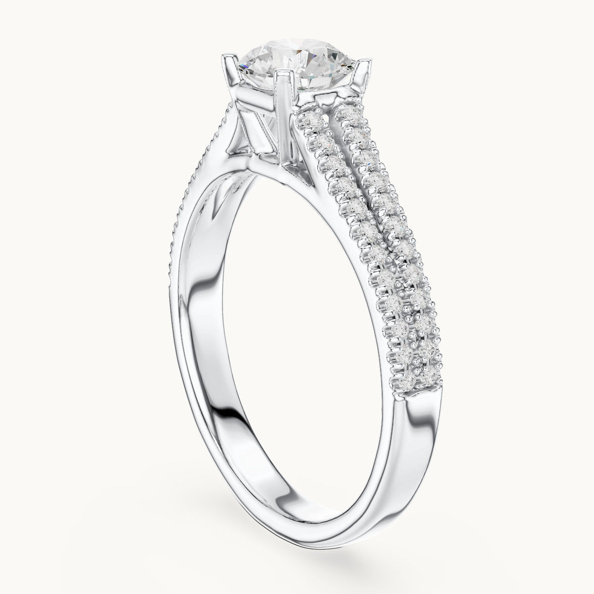 Round lab-grown diamond split shank pavé engagement ring with side stones in white gold, 1.06 CT TW, view 1