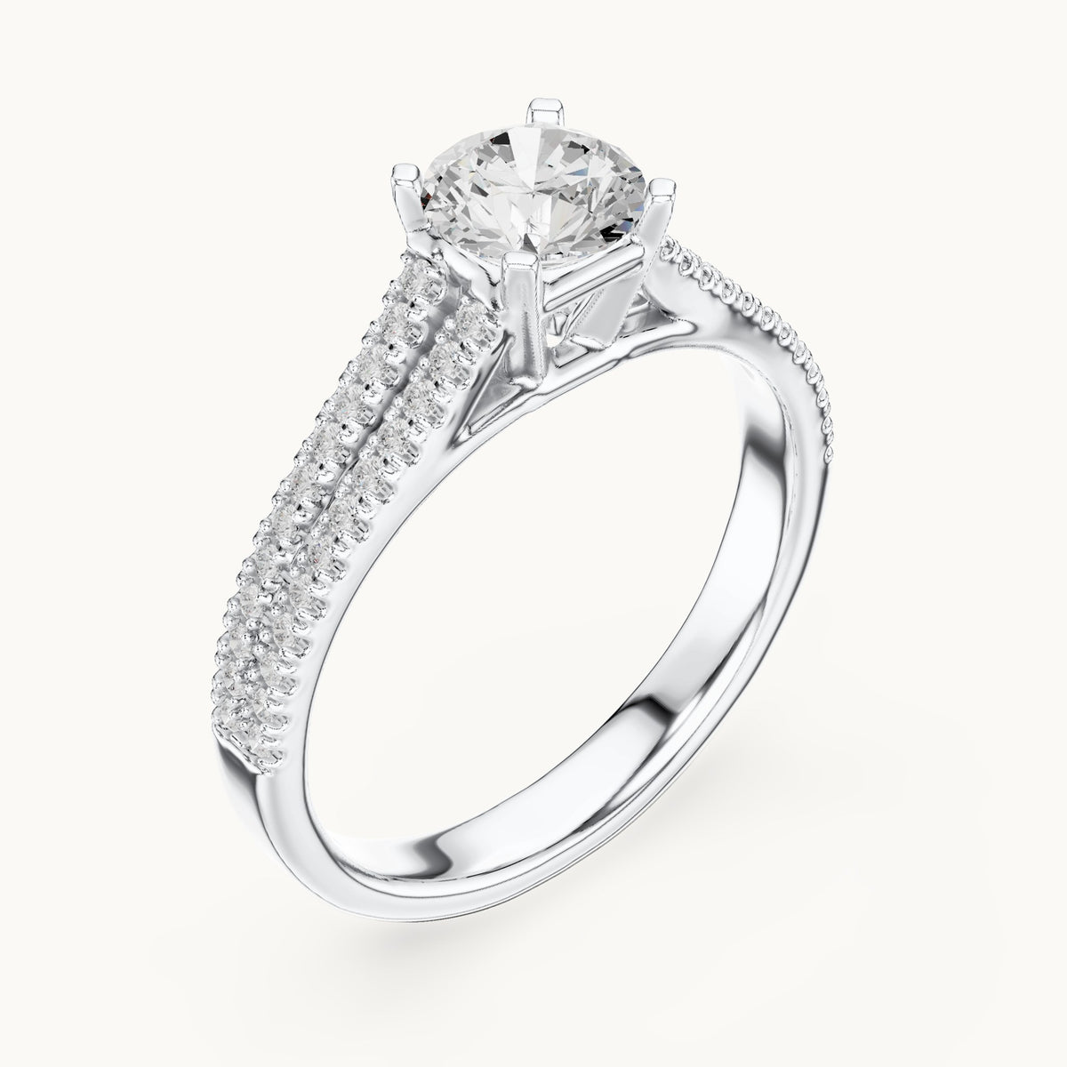 Round lab-grown diamond split shank pavé engagement ring with side stones in white gold, 1.06 CT TW, view 2