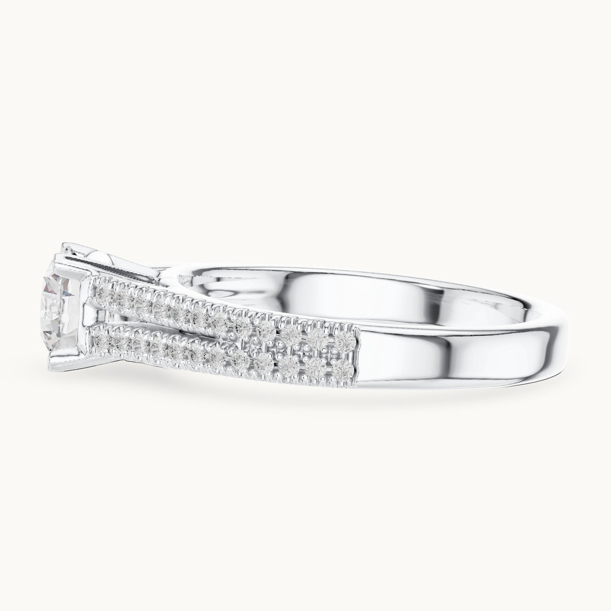 Round lab-grown diamond split shank pavé engagement ring with side stones in white gold, 1.06 CT TW, view 3