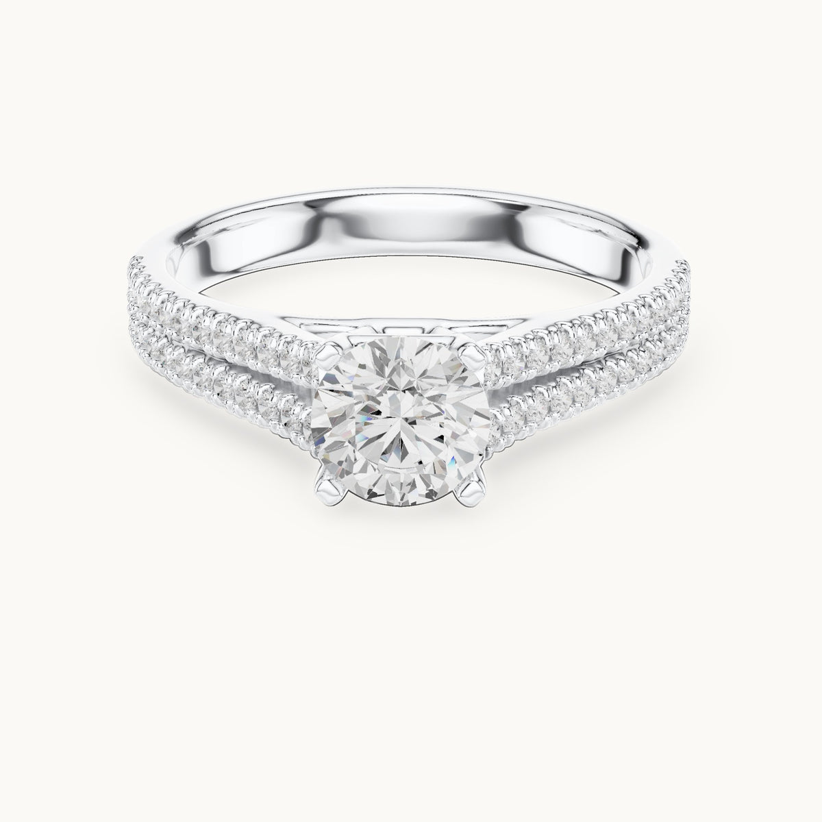 Round lab-grown diamond split shank pavé engagement ring with side stones in white gold, 1.06 CT TW, view 4