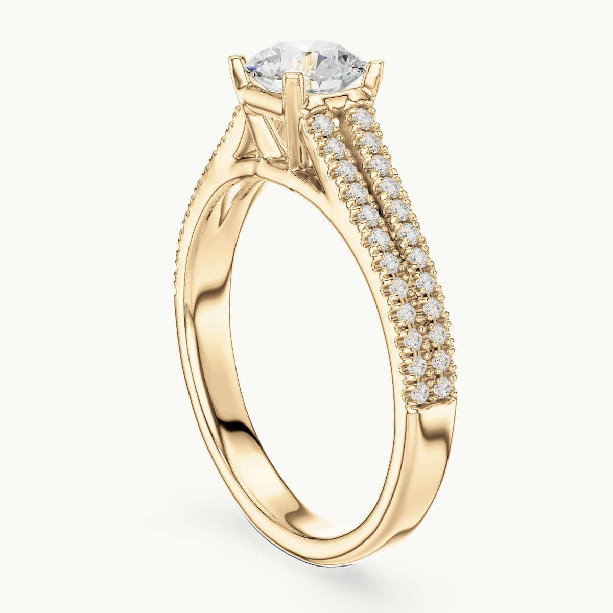 Round lab-grown diamond split shank pavé engagement ring with side stones in yellow gold, 1.06 CT TW, view 1