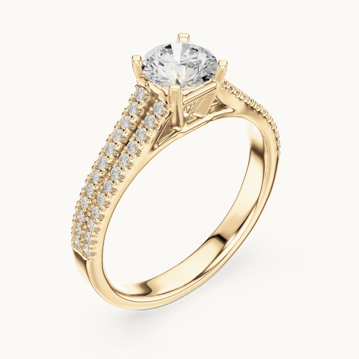 Round lab-grown diamond split shank pavé engagement ring with side stones in yellow gold, 1.06 CT TW, view 2