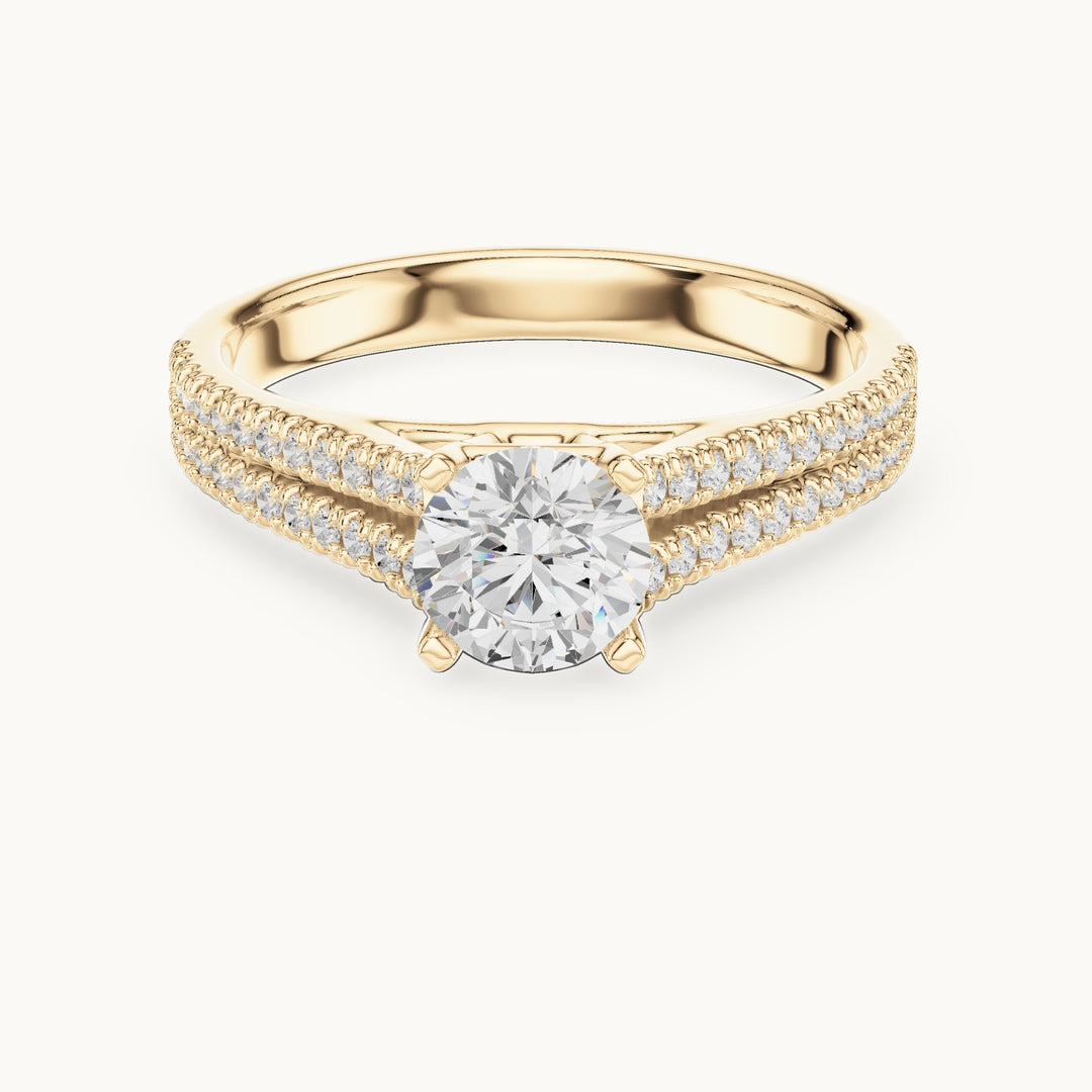 Round lab-grown diamond split shank pavé engagement ring with side stones in yellow gold, 1.06 CT TW, view 4