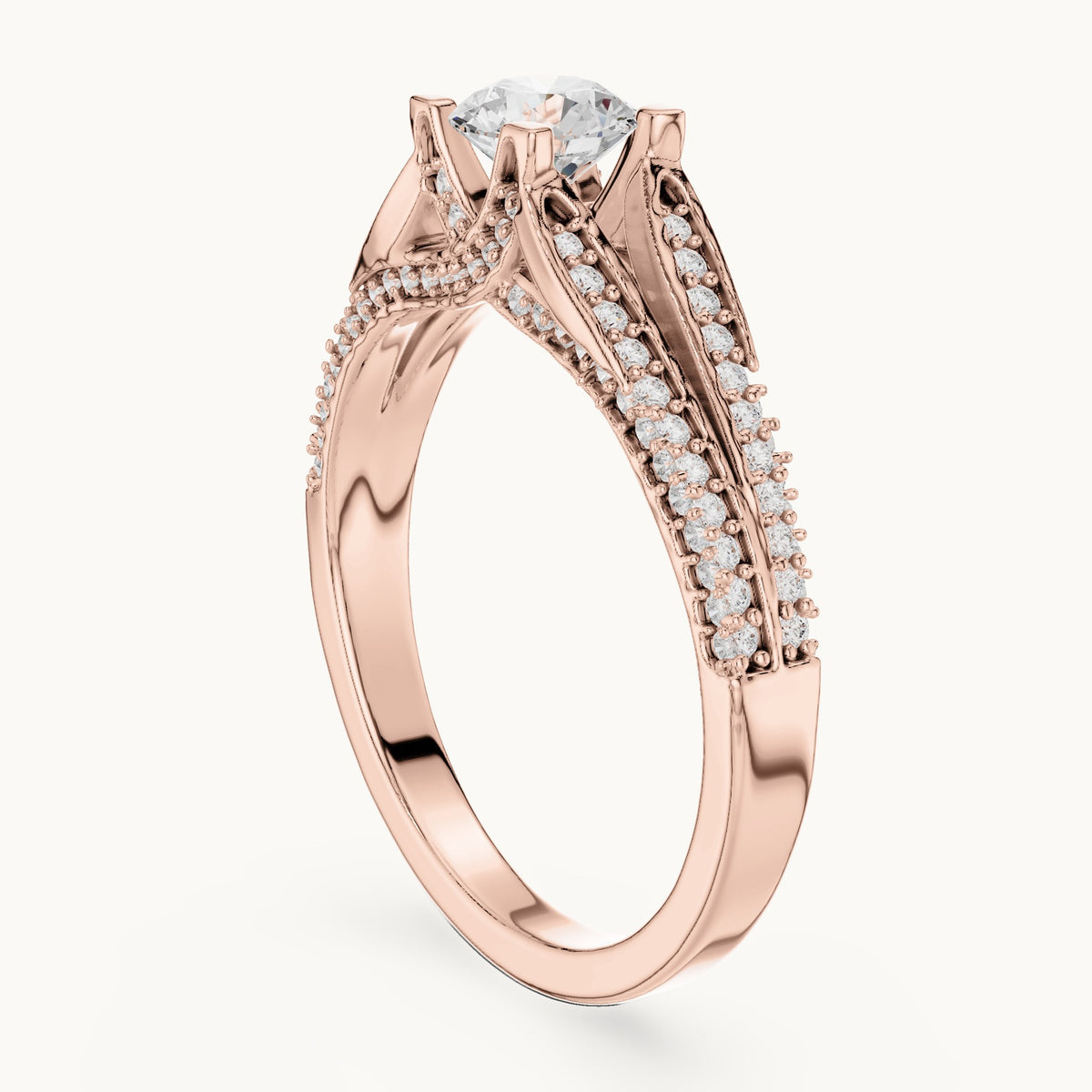 Round lab-grown diamond multi-row pavé engagement ring in rose gold, 0.94 CT TW, view 1