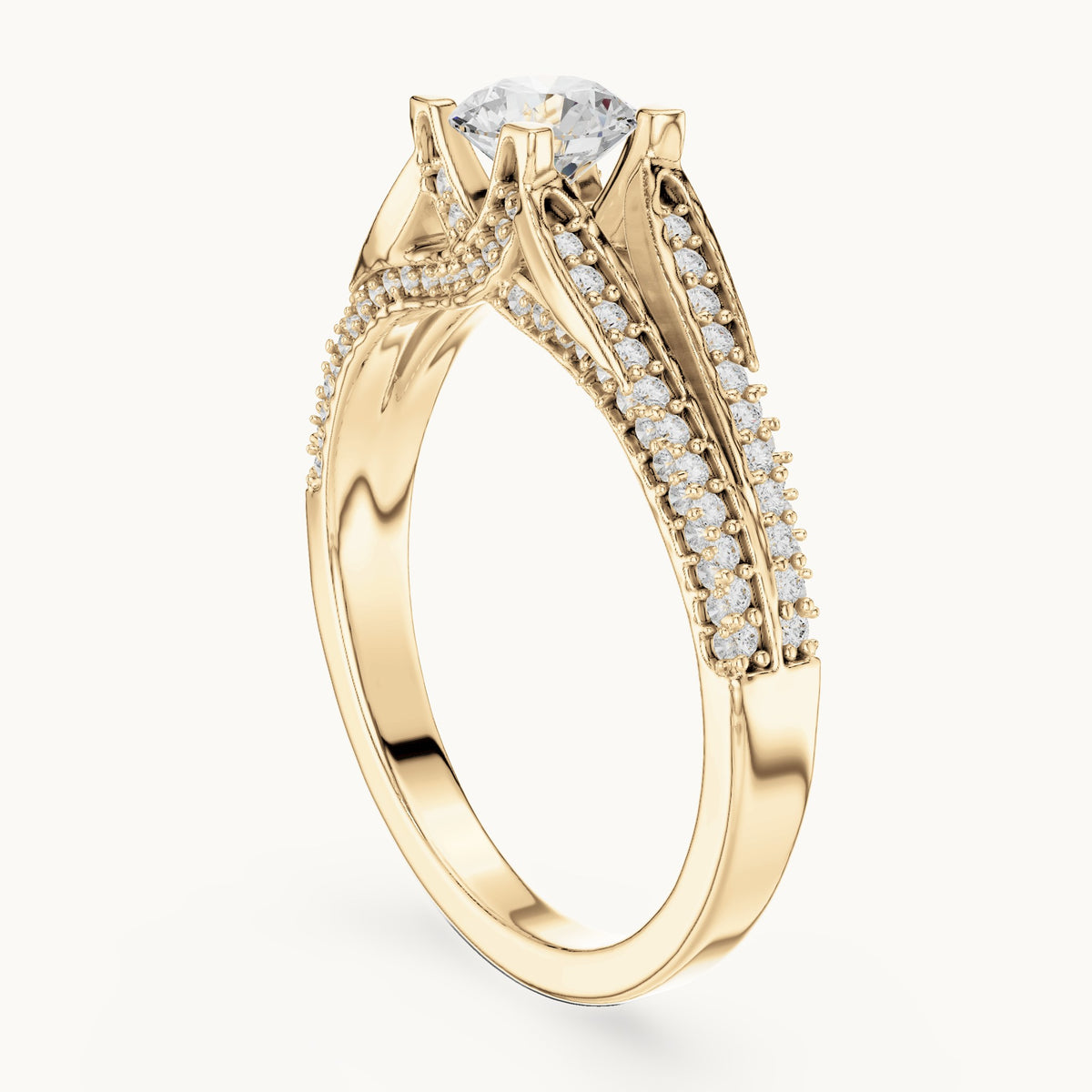 Round lab-grown diamond multi-row pavé engagement ring in yellow gold, 0.94 CT TW, view 1
