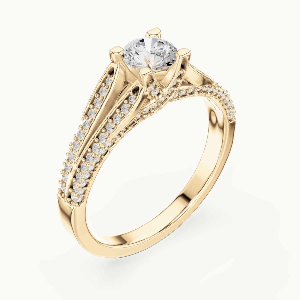 Round lab-grown diamond multi-row pavé engagement ring in yellow gold, 0.94 CT TW, view 2