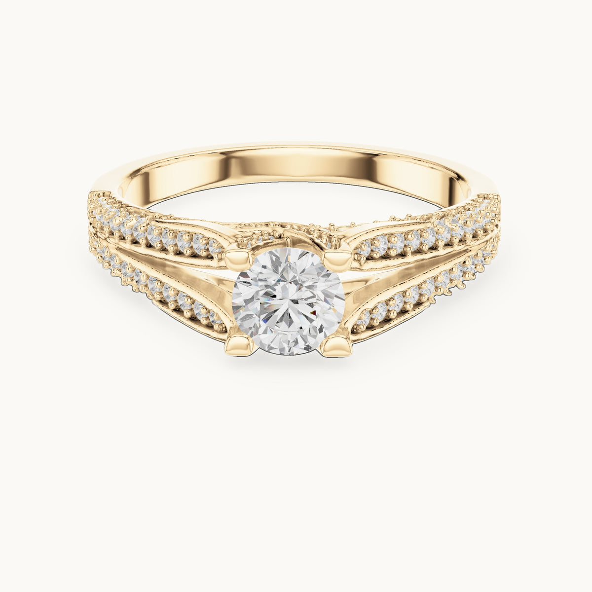 Round lab-grown diamond multi-row pavé engagement ring in yellow gold, 0.94 CT TW, view 4