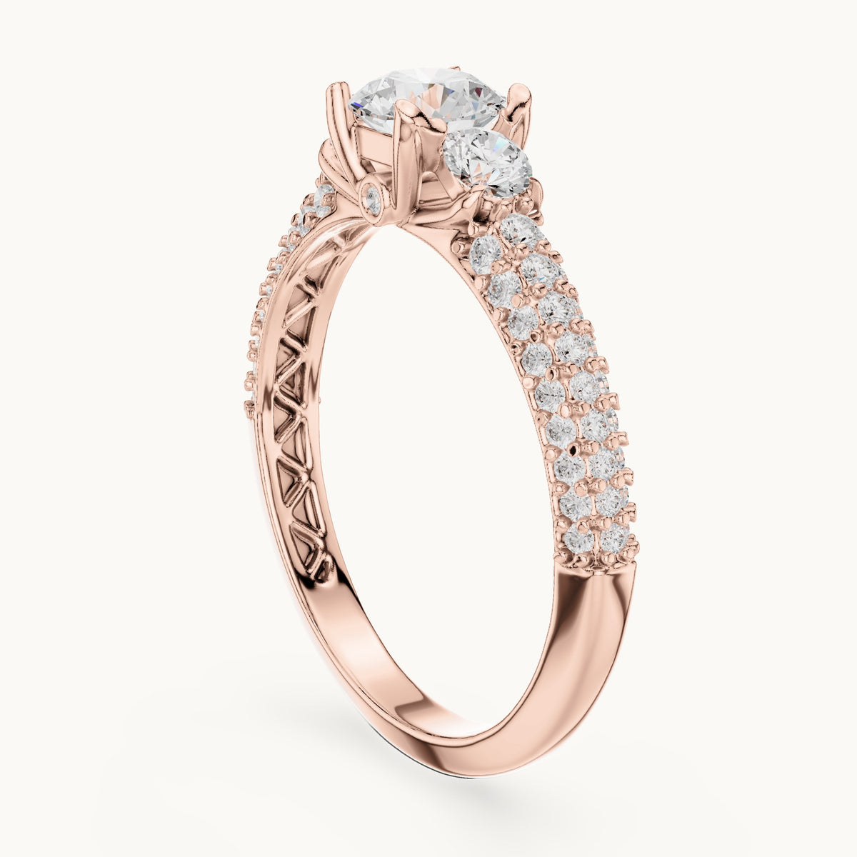 Round lab-grown diamond wide pavé engagement ring with filigree detail in rose gold, 1.22 CT TW, view 1