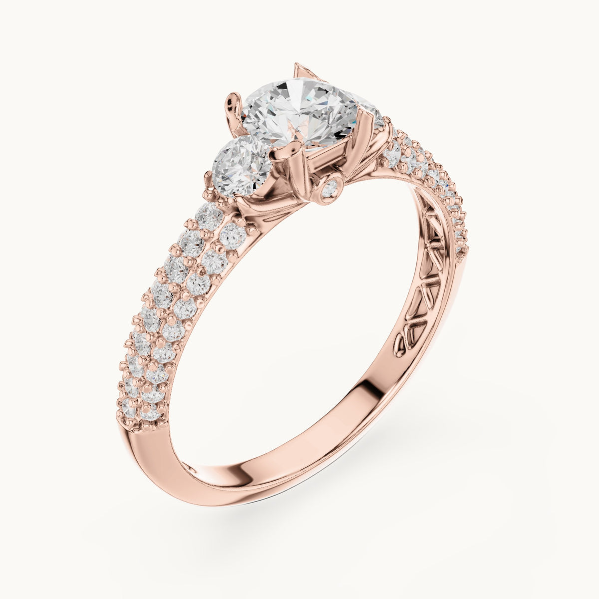 Round lab-grown diamond wide pavé engagement ring with filigree detail in rose gold, 1.22 CT TW, view 2