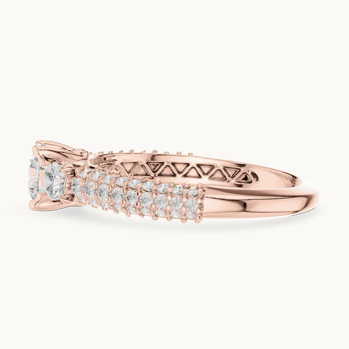 Round lab-grown diamond wide pavé engagement ring with filigree detail in rose gold, 1.22 CT TW, view 3