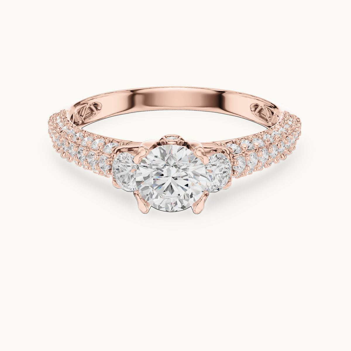 Round lab-grown diamond wide pavé engagement ring with filigree detail in rose gold, 1.22 CT TW, view 4