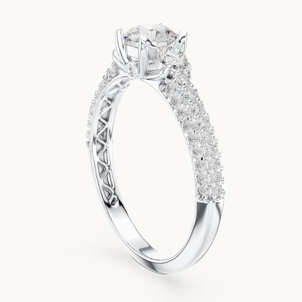 Round lab-grown diamond wide pavé engagement ring with filigree detail in white gold, 1.22 CT TW, view 1