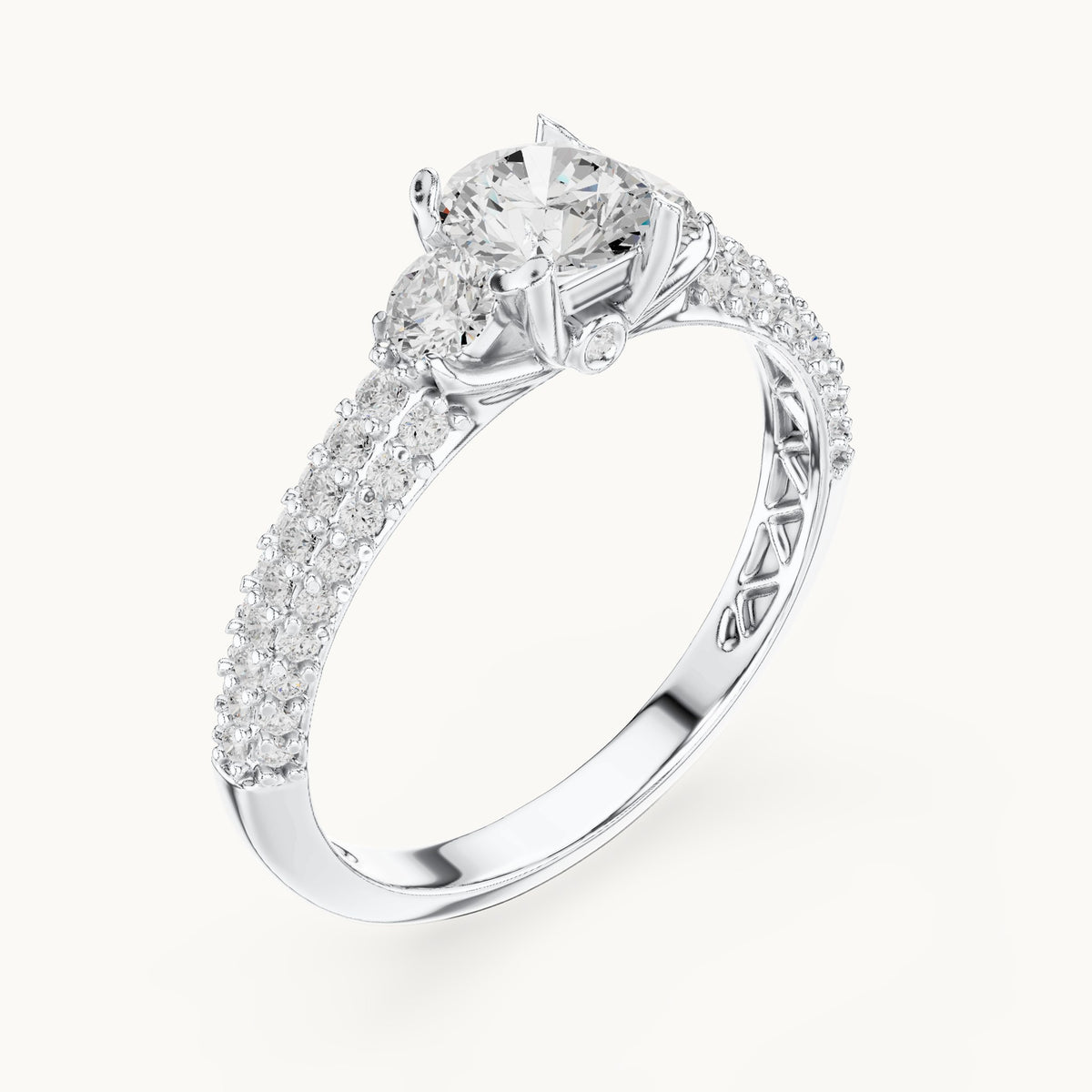 Round lab-grown diamond wide pavé engagement ring with filigree detail in white gold, 1.22 CT TW, view 2