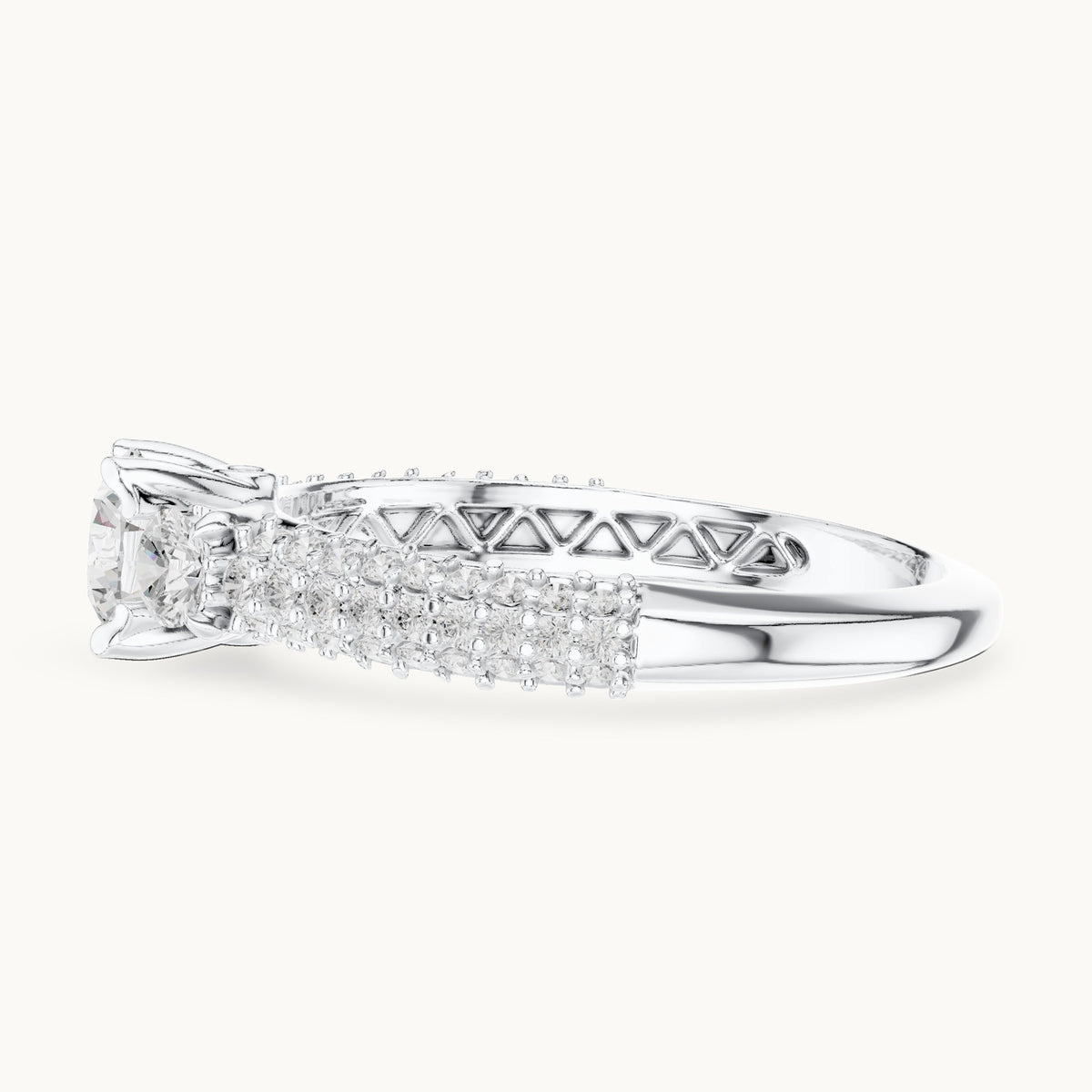 Round lab-grown diamond wide pavé engagement ring with filigree detail in white gold, 1.22 CT TW, view 3