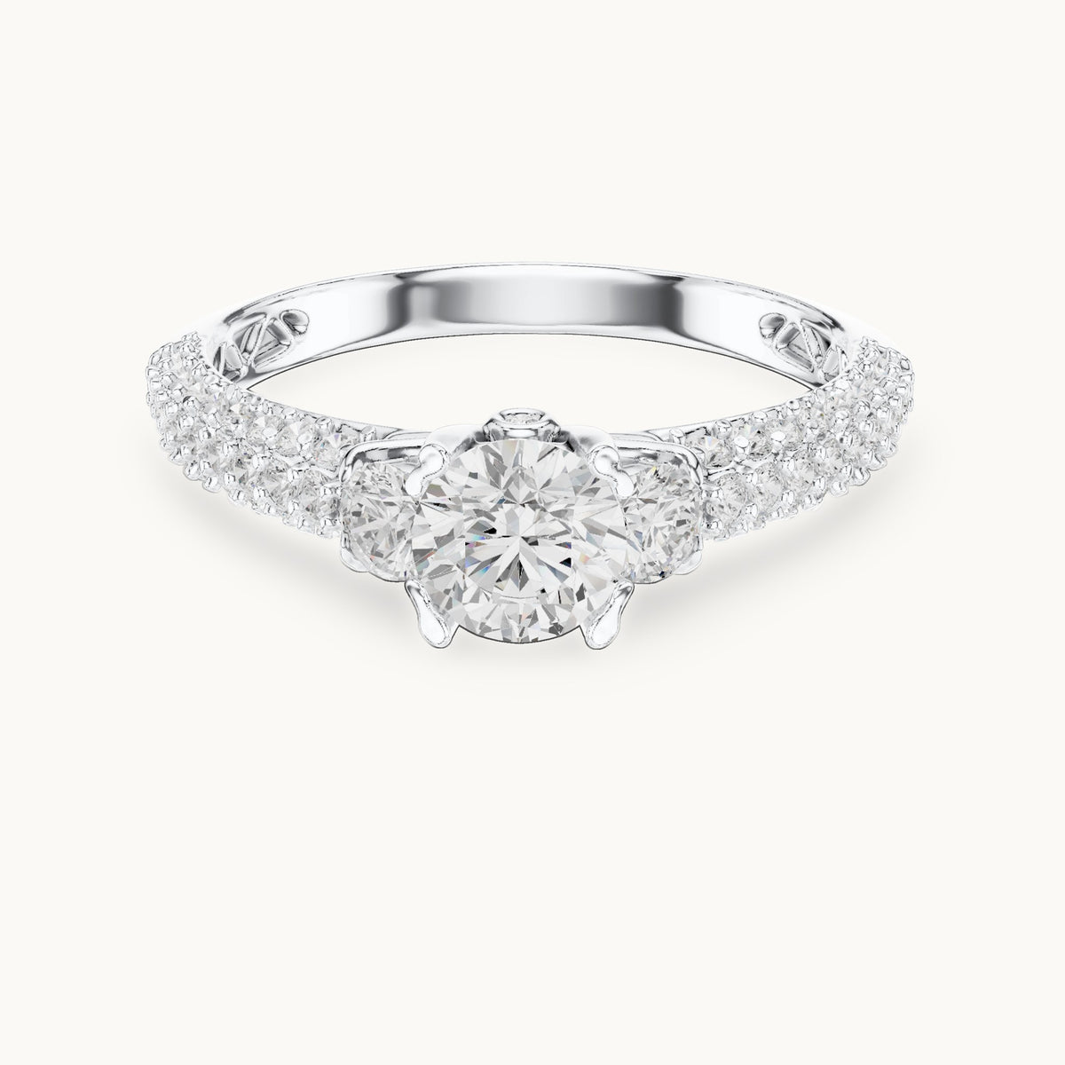 Round lab-grown diamond wide pavé engagement ring with filigree detail in white gold, 1.22 CT TW, view 4
