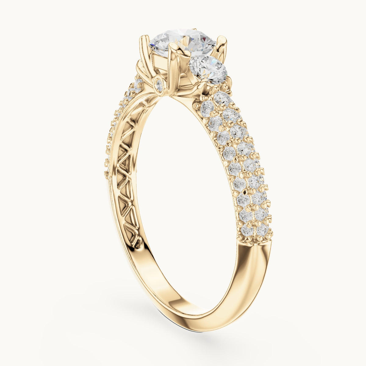 Round lab-grown diamond wide pavé engagement ring with filigree detail in yellow gold, 1.22 CT TW, view 1