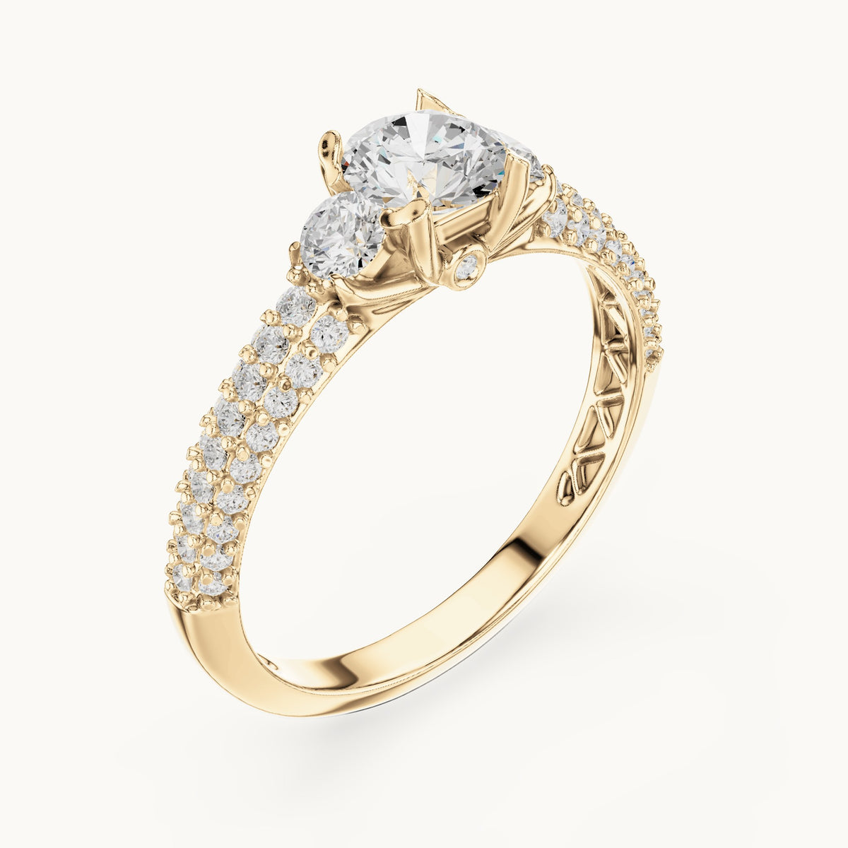 Round lab-grown diamond wide pavé engagement ring with filigree detail in yellow gold, 1.22 CT TW, view 2