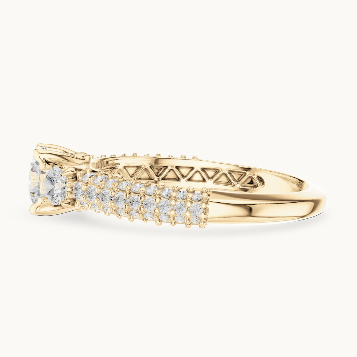 Round lab-grown diamond wide pavé engagement ring with filigree detail in yellow gold, 1.22 CT TW, view 3