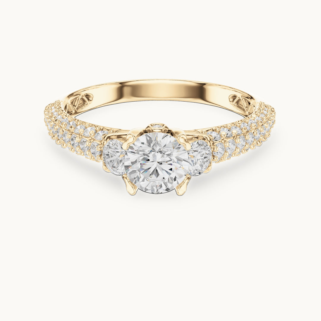 Round lab-grown diamond wide pavé engagement ring with filigree detail in yellow gold, 1.22 CT TW, view 4