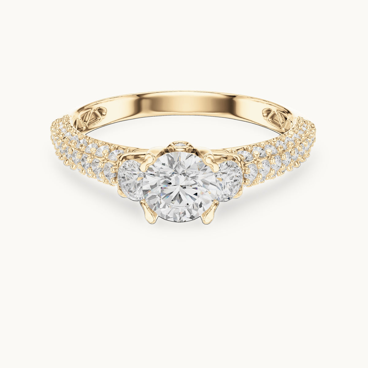 Round lab-grown diamond wide pavé engagement ring with filigree detail in yellow gold, 1.22 CT TW, view 4