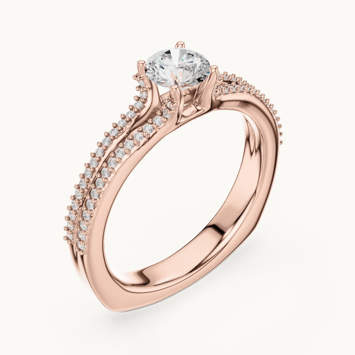 Round lab-grown diamond double-row pavé engagement ring in rose gold, 0.86 CT TW, view 2