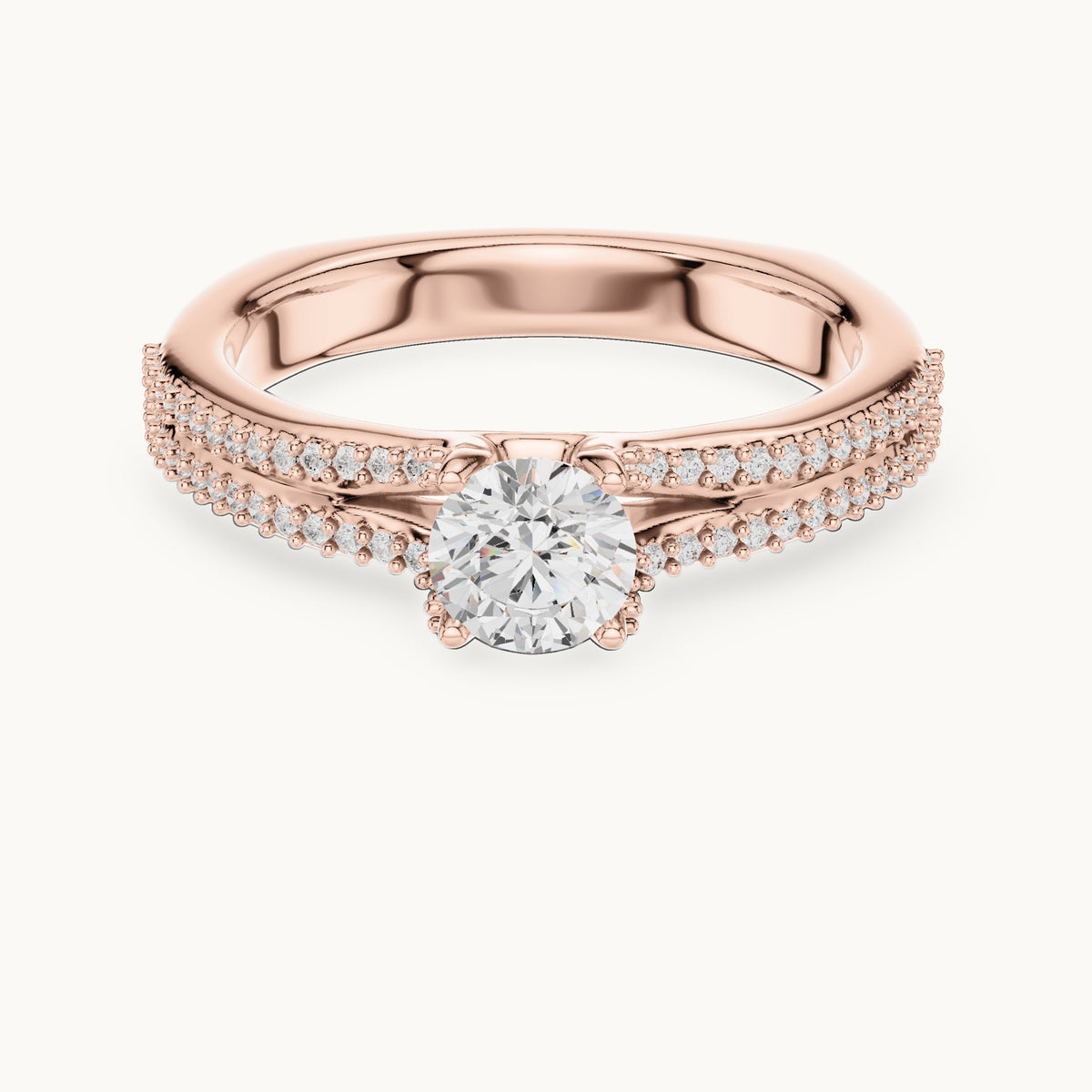 Round lab-grown diamond double-row pavé engagement ring in rose gold, 0.86 CT TW, view 4