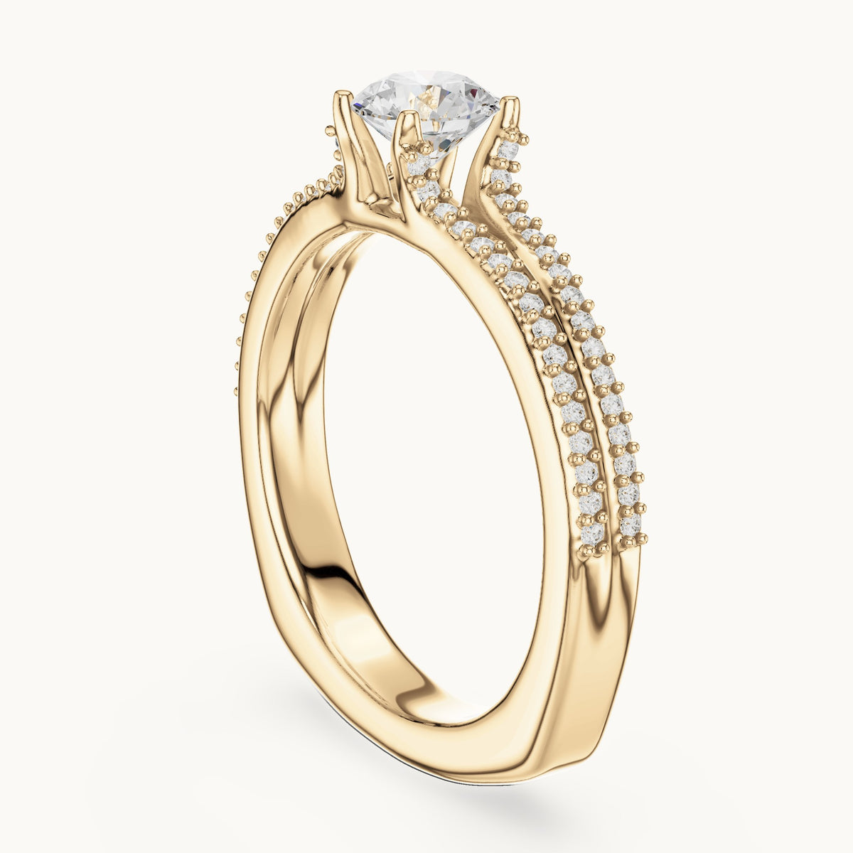 Round lab-grown diamond double-row pavé engagement ring in yellow gold, 0.86 CT TW, view 1
