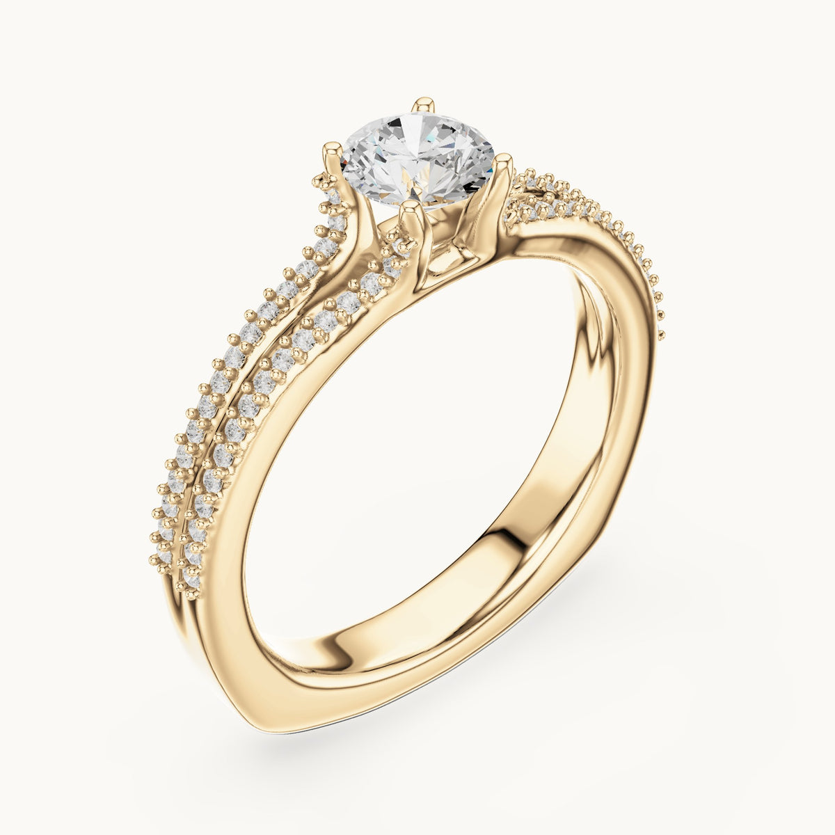 Round lab-grown diamond double-row pavé engagement ring in yellow gold, 0.86 CT TW, view 2
