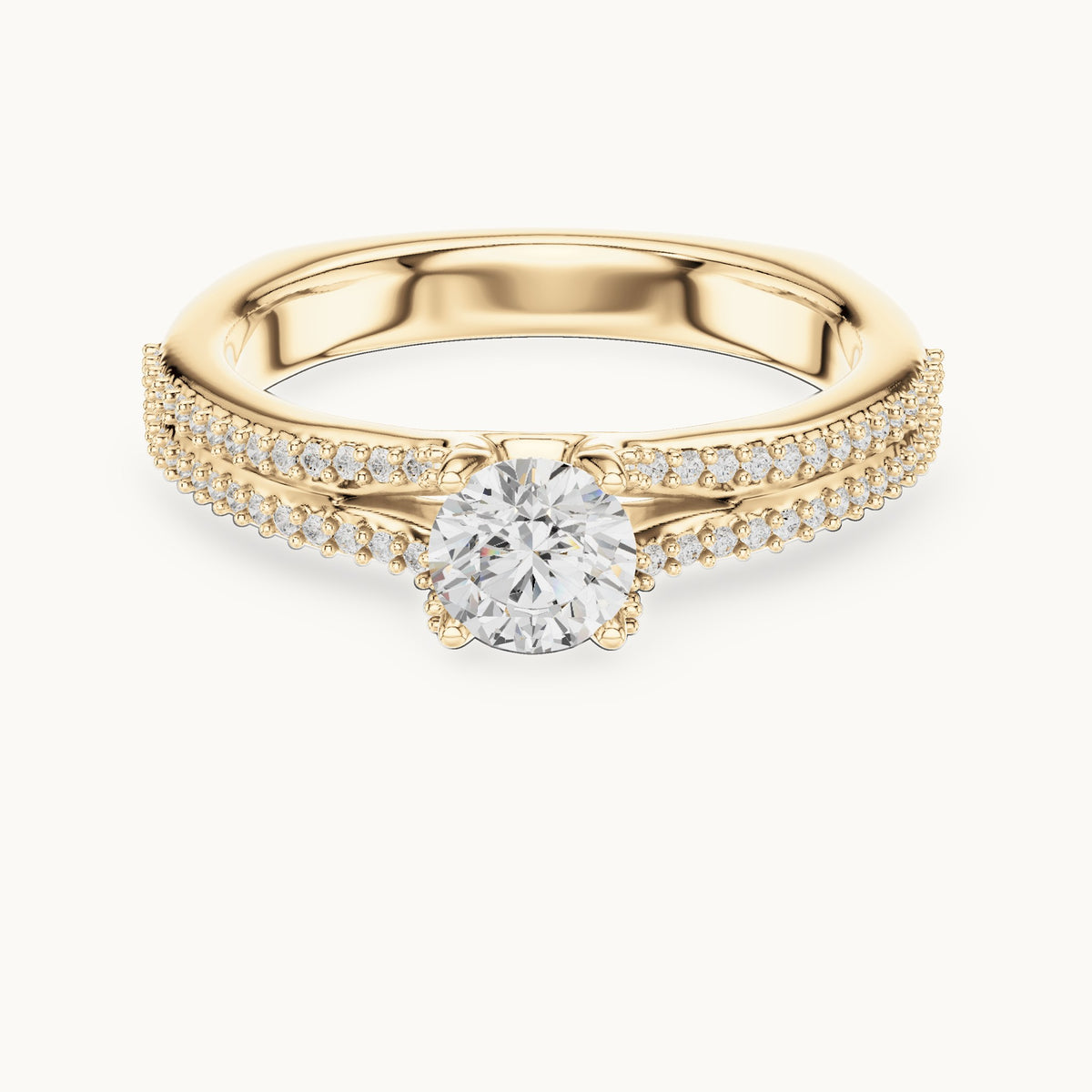 Round lab-grown diamond double-row pavé engagement ring in yellow gold, 0.86 CT TW, view 4