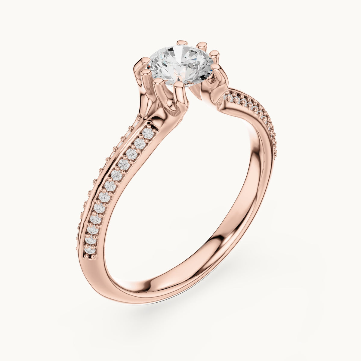Round lab-grown diamond eight-prong solitaire engagement ring with pavé band in rose gold, 0.80 CT TW, view 2