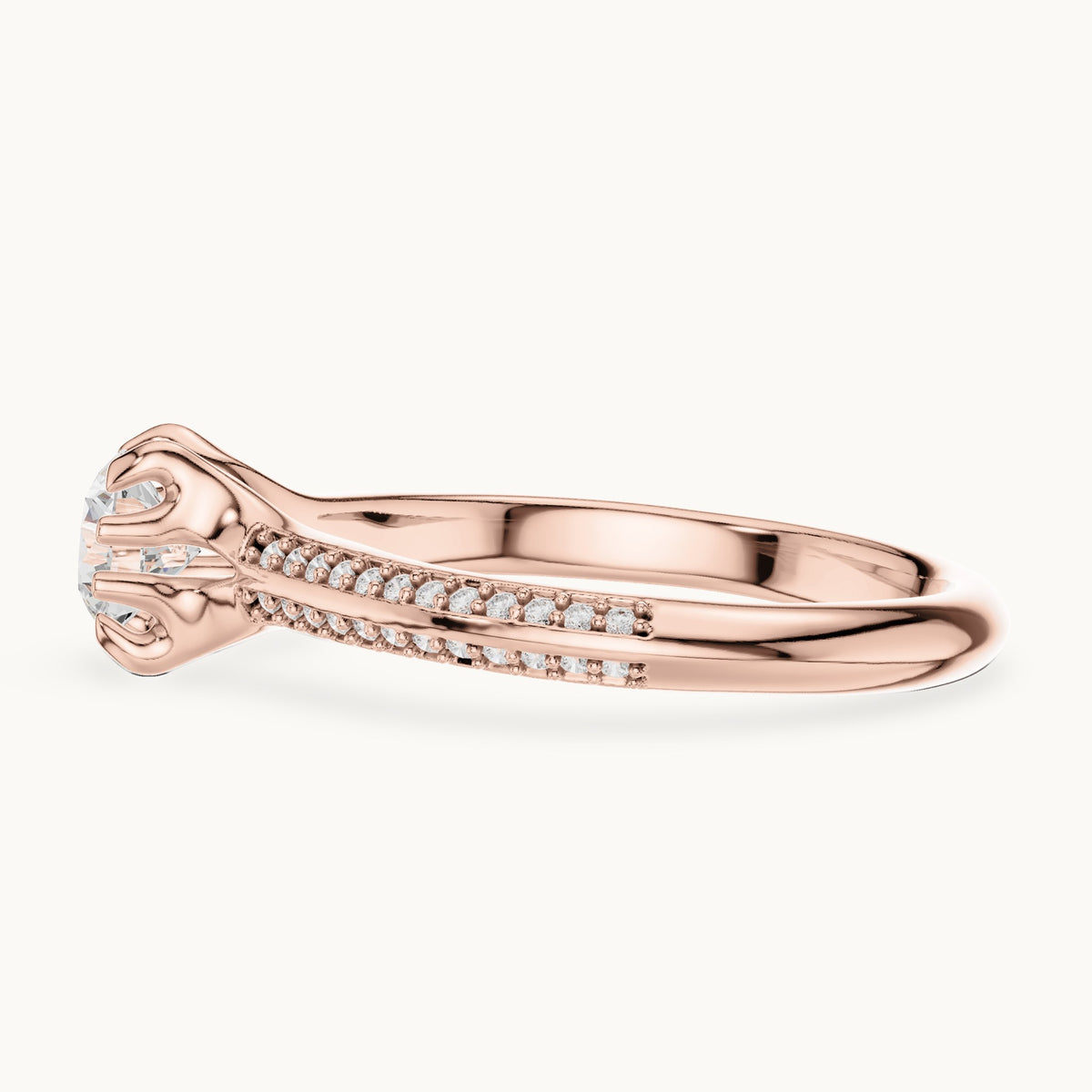 Round lab-grown diamond eight-prong solitaire engagement ring with pavé band in rose gold, 0.80 CT TW, view 3