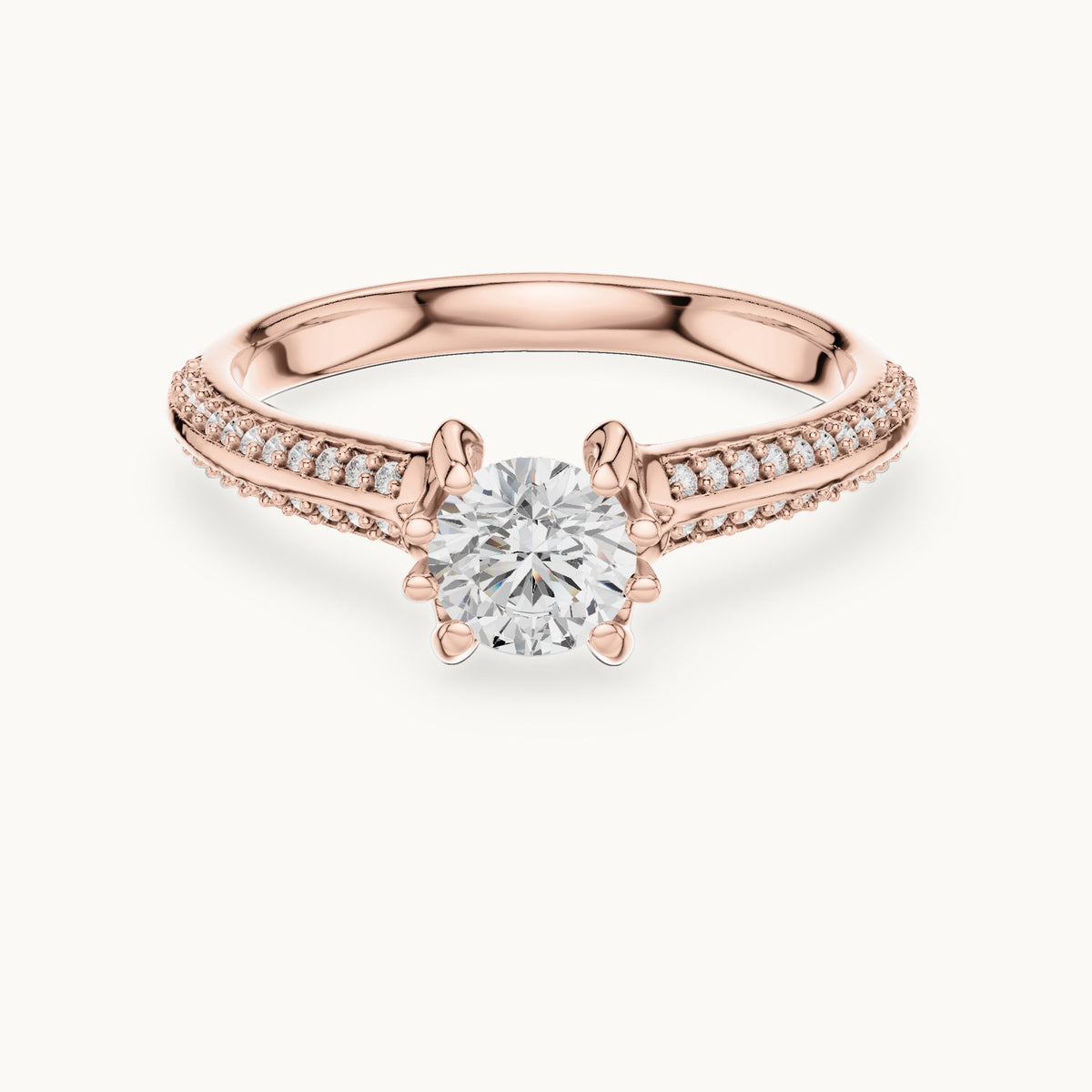 Round lab-grown diamond eight-prong solitaire engagement ring with pavé band in rose gold, 0.80 CT TW, view 4