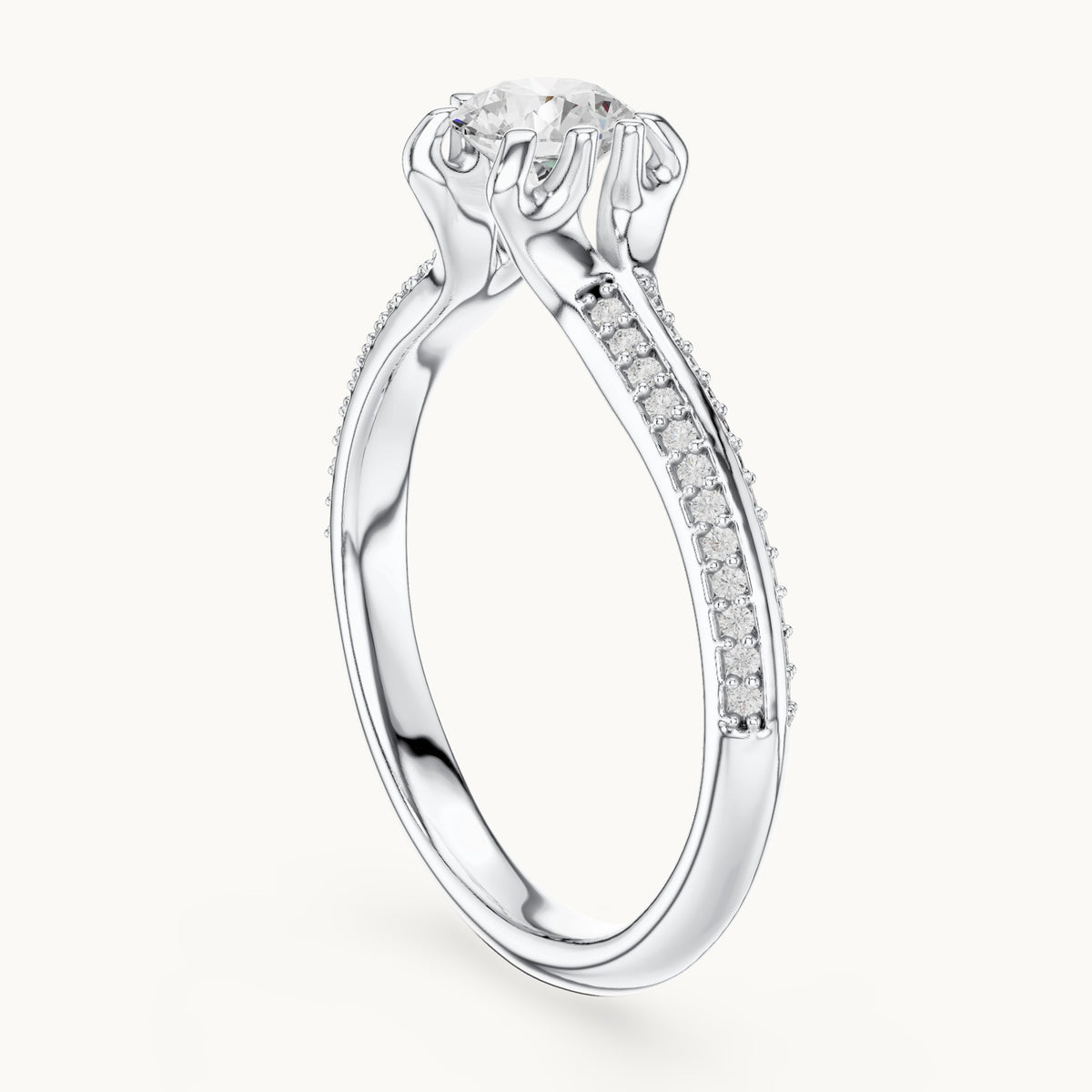 Round lab-grown diamond eight-prong solitaire engagement ring with pavé band in white gold, 0.80 CT TW, view 1